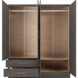 Nevada 4 Door 2 Drawer Mirrored Wardrobe - BLACK WOOD GRAIN