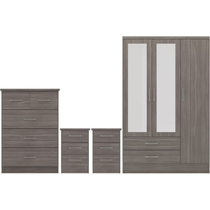 Nevada 3 Door 2 Drawer Mirrored Wardrobe Bedroom Set - BLACK WOOD GRAIN
