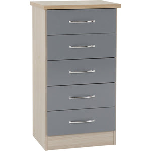Nevada 5 Drawer Narrow Chest - GREY GLOSS/LIGHT OAK EFFECT VENEER