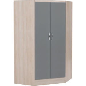 Nevada 2 Door Corner Wardrobe - GREY GLOSS/LIGHT OAK EFFECT VENEER