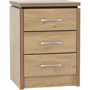 Charles 3 Drawer Bedside - Oak Effect Veneer with Walnut Trim