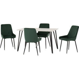 Marlow Dining Set with Avery Chairs - White Marble Effect/Black/Emerald Green Velvet