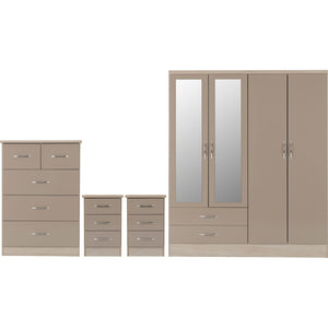 Nevada 4 Door 2 Drawer Mirrored Wardrobe Bedroom Set - OYSTER GLOSS/LIGHT OAK EFFECT VENEER