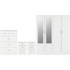 Nevada 4 Door 2 Drawer Mirrored Wardrobe Bedroom Set - WHITE GLOSS