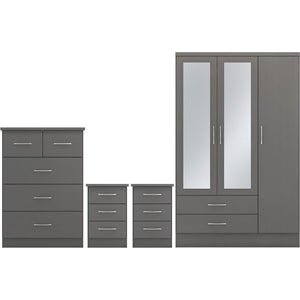 Nevada 3 Door 2 Drawer Mirrored Wardrobe Bedroom Set - 3D EFFECT GREY