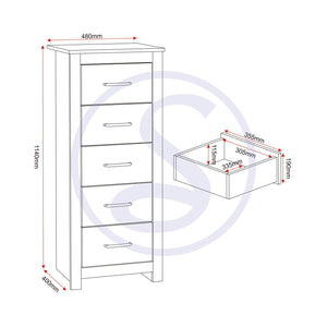 Portland 5 Drawer Narrow Chest - WHITE/OAK EFFECT